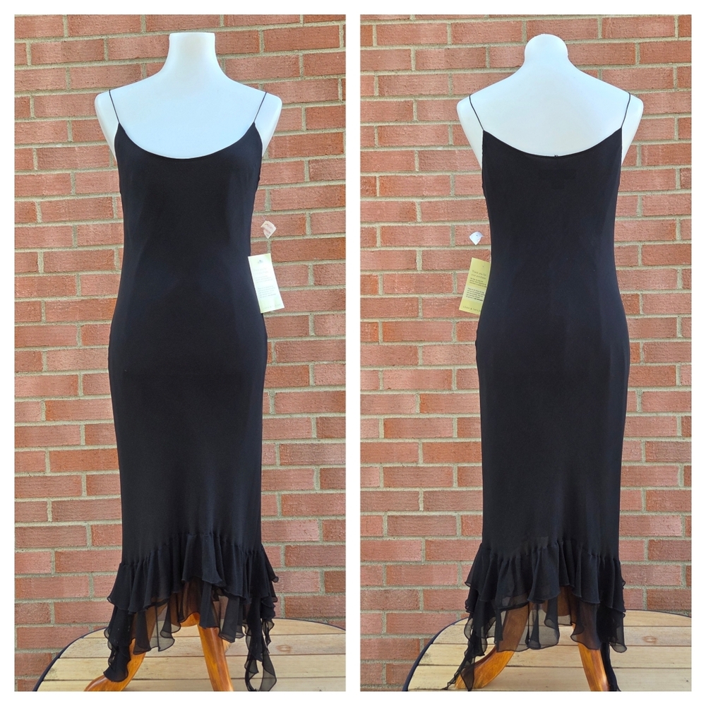 Vintage NWT 100% Silk Black Midi Slip Dress with Ruffle Hem